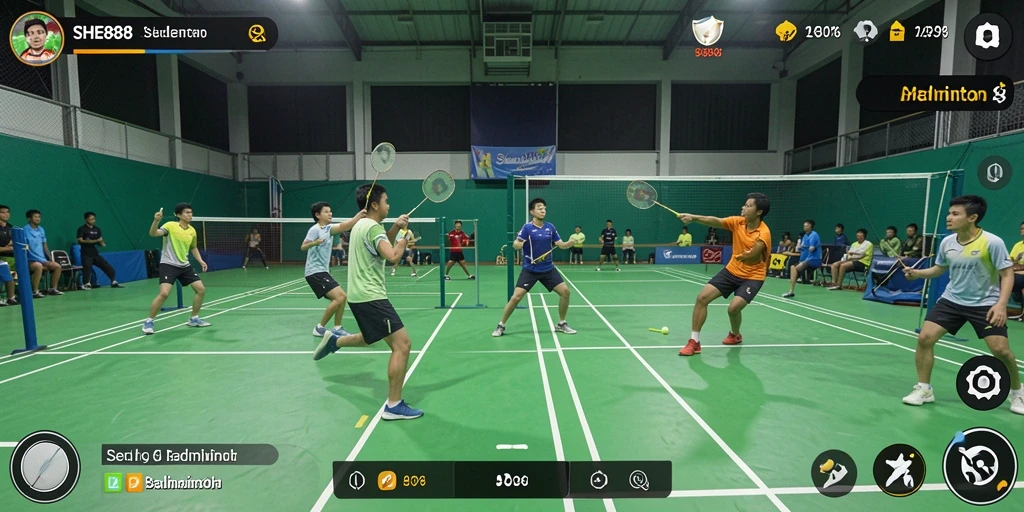 Antarmuka SHE888 menampilkan gameplay Badminton yang seru dan menarik.